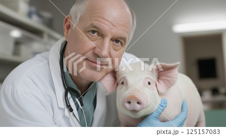 Elderly caucasian male veterinarian with piglet in clinic settin 125157083