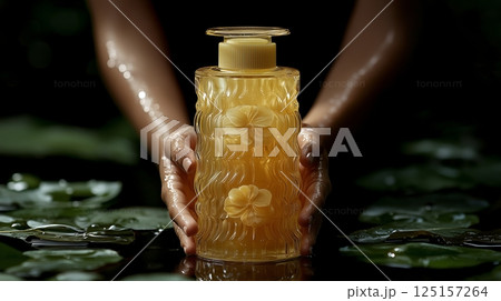 Close-up of hands holding elegant textured perfume bottle 125157264