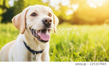 Happy labrador puppy playing in sunlit field. 125157403