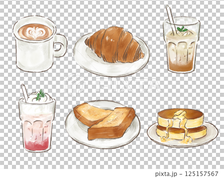 咖啡廳早餐套餐 吐司 牛角麵包 煎餅 飲品套餐 咖啡廳早餐套餐 吐司 牛角麵包 煎餅 飲品套餐 125157567