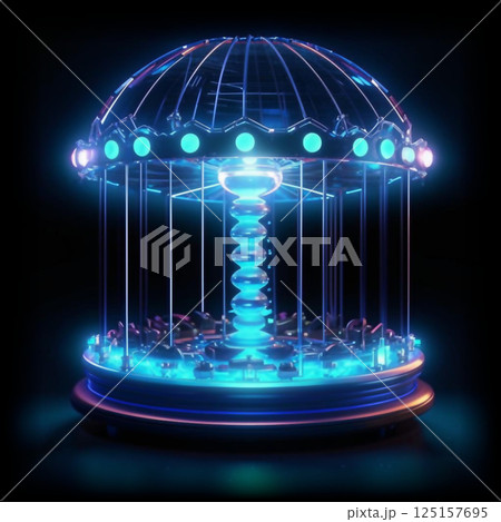 Beautiful neon desk lamp. Creative design of neon light table lamp in the form of carousel. AI generated. Beautiful neon desk lamp. Creative design of neon light table lamp in the form of carousel. AI generated. 125157695