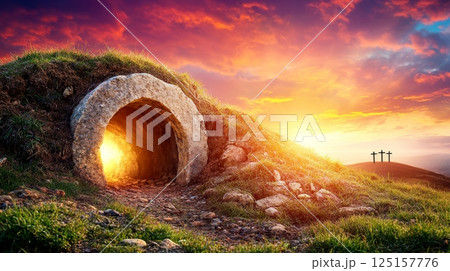 Empty tomb sunrise: resurrection symbolism with glowing light and three crosses. 125157776