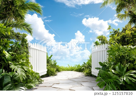 Tropical garden pathway with open white fence under bright blue sky. 125157810