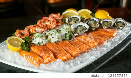 Fresh seafood platter with salmon, shrimp, oysters, and lemon garnish on ice. 125157855
