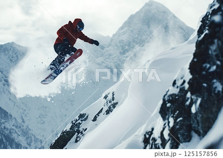 Snowboarder jumping from snowy mountain peak Snowboarder jumping from snowy mountain peak 125157856