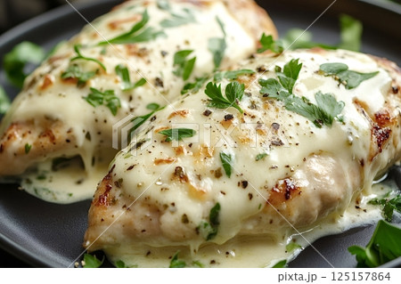 Delicious chicken breast with white sauce and parsley on black plate 125157864