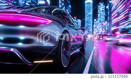 Futuristic car speeding through neon-lit urban cityscape at night. 125157890