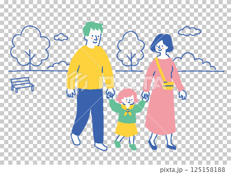 父母牽著女兒的手在公園散步_顏色 父母牽著女兒的手在公園散步_顏色 125158188