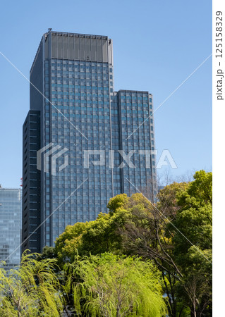 新緑のオフィス街の高層ビルを見上げる風景 新緑のオフィス街の高層ビルを見上げる風景 125158329