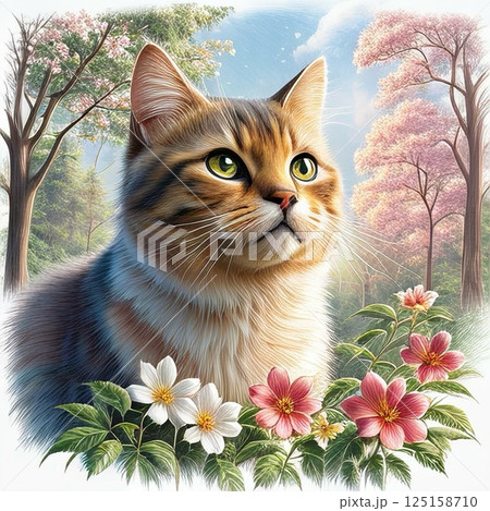 桜の下で座る猫 125158710