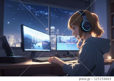 ヘッドホンで音楽を聴きながらパソコン作業をする女の子 ヘッドホンで音楽を聴きながらパソコン作業をする女の子 125159883