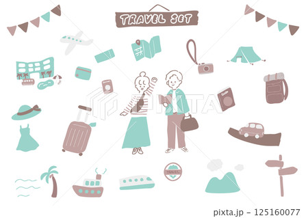 旅行する男女と旅行関連のアイコンのイラストセット 125160077