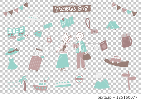 旅行する男女と旅行関連のアイコンのイラストセット 125160077