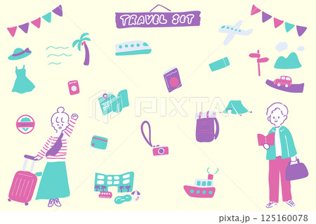 旅行する男女と旅行関連のアイコンのイラストセット　ポップカラー 125160078