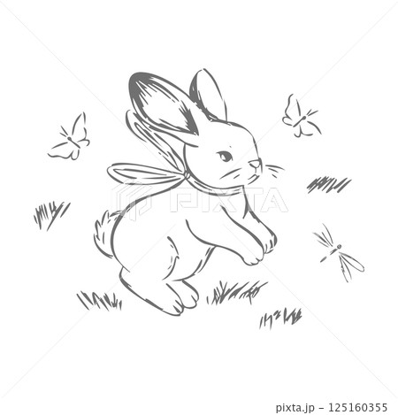 Hand drawn sketch of a cute bunny with a scarf, surrounded by butterflies and grass vintage style animal illustration for childrens design and decor 125160355