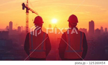 Engineering silhouette of industrial cranes concept. Silhouetted Construction Cranes and Workers at the Edge of a Vibrant Cityscape Sunset 125160454
