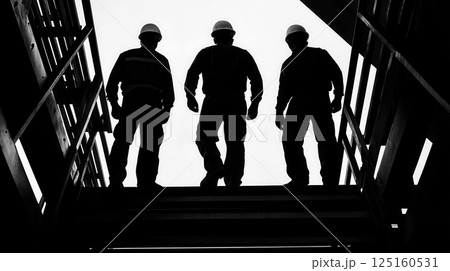 Engineering silhouette of industrial cranes concept. Silhouetted Engineers and Industrial Workers on Stairs in Monochrome 125160531