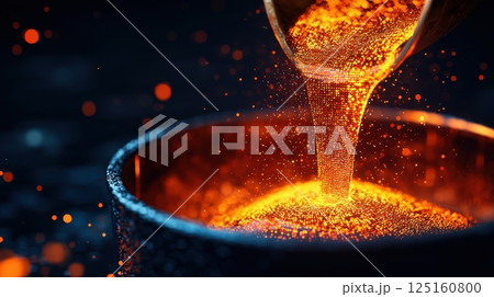 Molding hologram graph concept. Molten Metal Being Poured into a Mold Transforming into a Solid Form through Intense Heat and Flow Molding hologram graph concept. Molten Metal Being Poured into a Mold Transforming into a Solid Form through Intense Heat and Flow 125160800