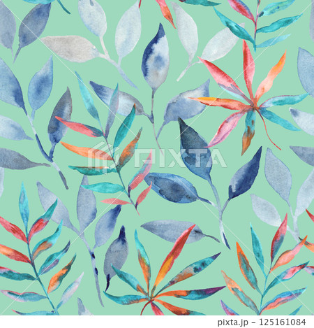Watercolor colorful tropical pattern with exotic abstract leaves. Artistic seamless print. 125161084