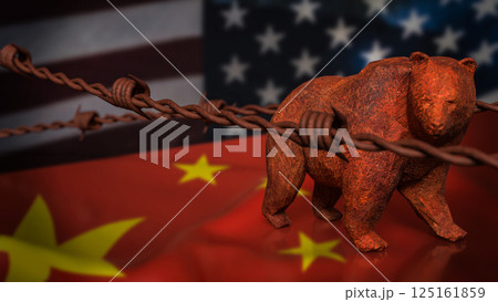 The Bear on China and America flag Background 3d Rendering. The Bear on China and America flag Background 3d Rendering. 125161859