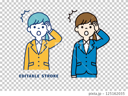 向量圖：一位年輕女職員張著嘴，茫然無措_線條可編輯 125162035