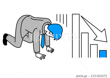 下降するグラフとお金を失ってひざまずいて落ち込むスーツの男性 125162072