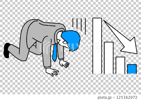 A man in a suit falls to his knees and becomes depressed after losing money and seeing a downward graph 125162072