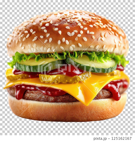 A delicious cheeseburger with fresh toppings on a sesame seed bun 125162167