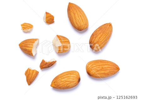 Top view Almonds isolated on a white background 125162693