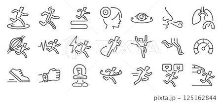 Mindful running icon set. It includes meditation, focus, mindfulness, physical, deep, and more icons. Editable Vector Stroke. 125162844