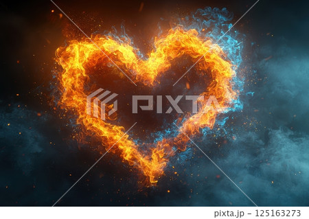 A Fiery Heart Shape Surrounded by Blue Sparks on a Dark Background Creates Impact 125163273