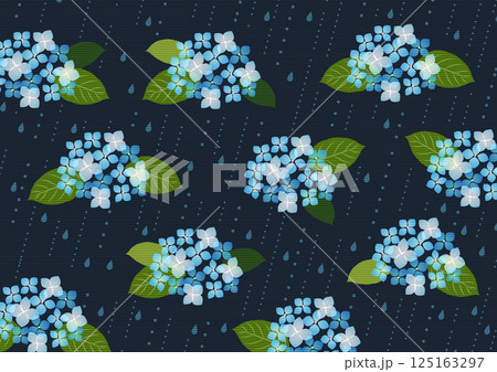 あじさい背景、梅雨、雨、イラスト、花、かわいい、青、横 あじさい背景、梅雨、雨、イラスト、花、かわいい、青、横 125163297