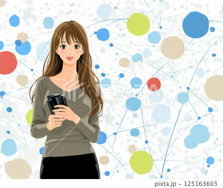 ポップなホロスコープ背景の前に立つタロットカードを持った若い女性のイメージ素材 125163603