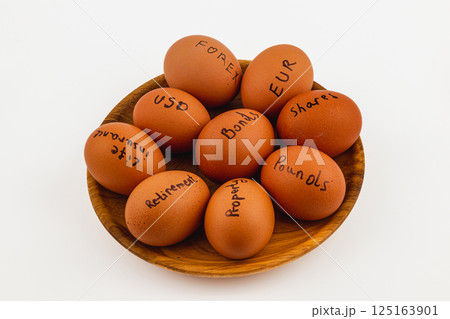 Different investment options displayed on brown eggs 125163901