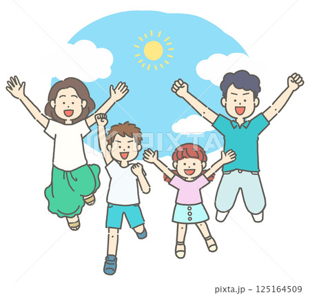 夏の青空とジャンプする4人家族のイラスト 125164509