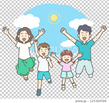 Illustration of a family of four jumping against a summer blue sky 125164509