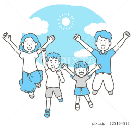 夏の青空とジャンプする4人家族のイラスト 125164512