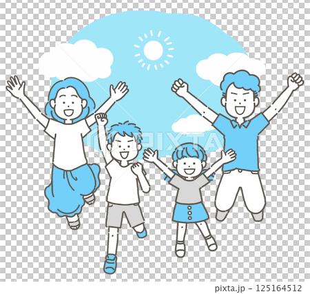 Illustration of a family of four jumping against a summer blue sky 125164512