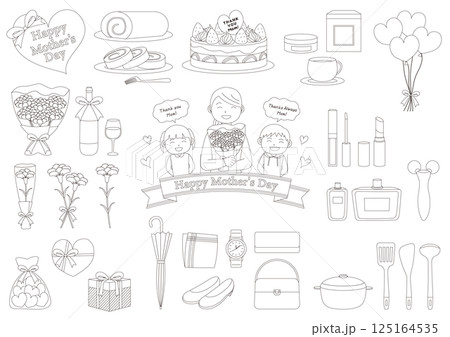 母の日に関連する人やプレゼントのイラストのセット_線画 125164535