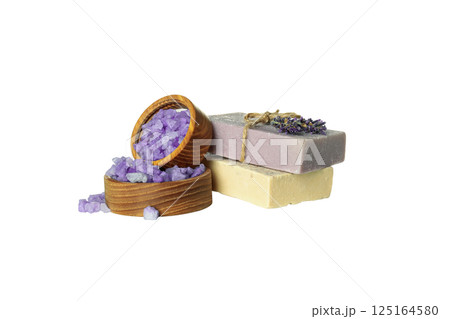 PNG, Soap and sea salt in wooden bowls, isolated on white background PNG, Soap and sea salt in wooden bowls, isolated on white background 125164580