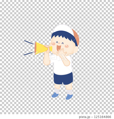 Cheering with a megaphone: Illustration of a smiling boy in gym clothes, full body Cheering with a megaphone: Illustration of a smiling boy in gym clothes, full body 125164866