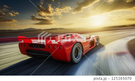 Red supercar speeds along winding track at sunset 125165070