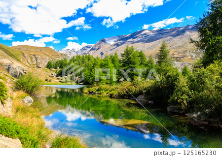 View of Grindji Lake (Grindjisee) and Swiss Alps at summer on Five-lake trail in Zermatt, Switzerland 125165230