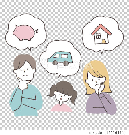 A family worried about managing their finances (upper body) | Loosely drawn character illustration set | Savings, car, home A family worried about managing their finances (upper body) | Loosely drawn character illustration set | Savings, car, home 125165344
