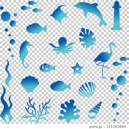 夏季海洋生物植物圖示裝飾剪影時尚可愛插畫素材集 125165694