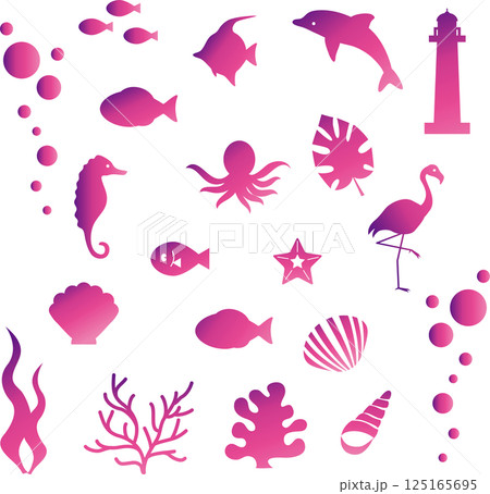 夏　海　生物　植物　アイコン　あしらい　飾り　シルエット　おしゃれ　かわいい　イラスト素材セット 125165695