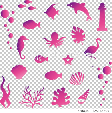 夏　海　生物　植物　アイコン　あしらい　飾り　シルエット　おしゃれ　かわいい　イラスト素材セット 125165695