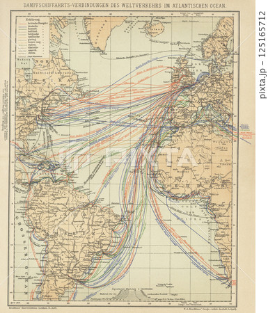 20世紀初期　世界地図　大西洋の蒸気船航路 125165712