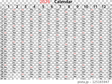 A vertical calendar with only Sundays in color for 2026 125165947
