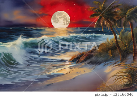 夜の海に浮かぶ満月 125166046